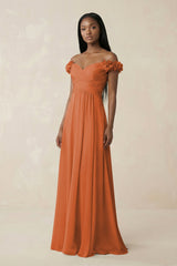 Pleated Off - the - Shoulder A - Line Chiffon Bridesmaid Dress in Terracotta - KissProm Bridesmaid Dresses