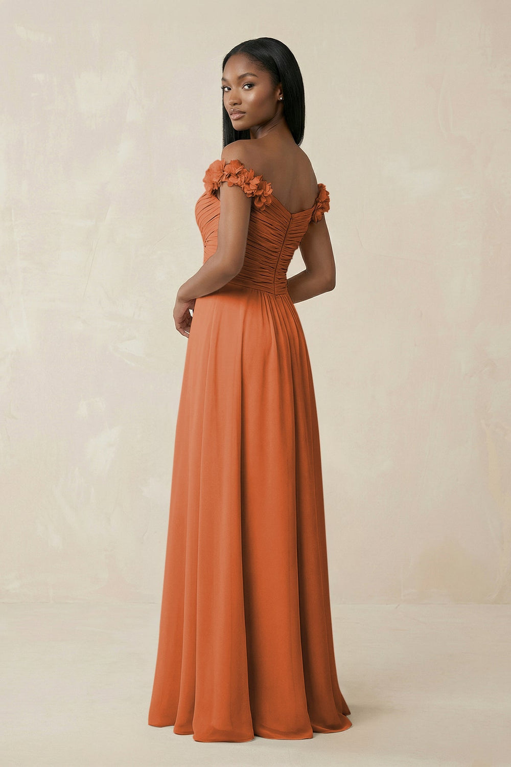 Pleated Off - the - Shoulder A - Line Chiffon Bridesmaid Dress in Terracotta - KissProm Bridesmaid Dresses