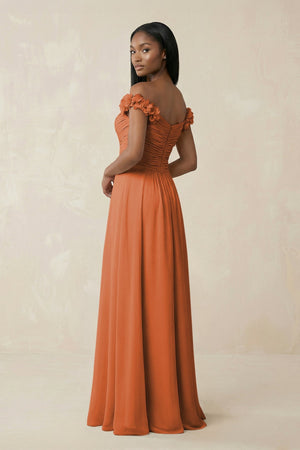 Pleated Off - the - Shoulder A - Line Chiffon Bridesmaid Dress in Terracotta - KissProm Bridesmaid Dresses