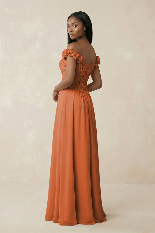 Pleated Off - the - Shoulder A - Line Chiffon Bridesmaid Dress in Terracotta - KissProm Bridesmaid Dresses