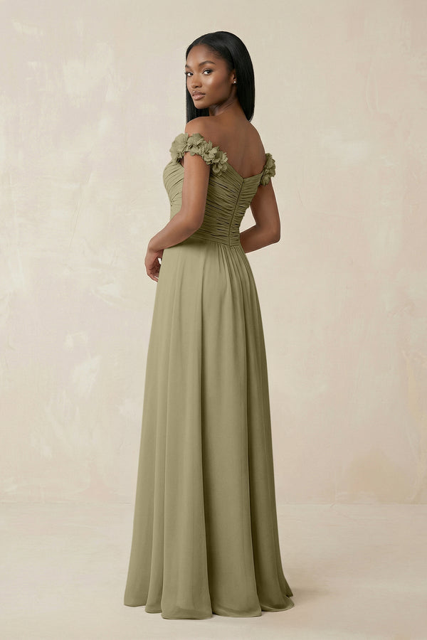 Pleated Off - the - Shoulder A - Line Chiffon Bridesmaid Dress in Thyme - KissProm Bridesmaid Dresses