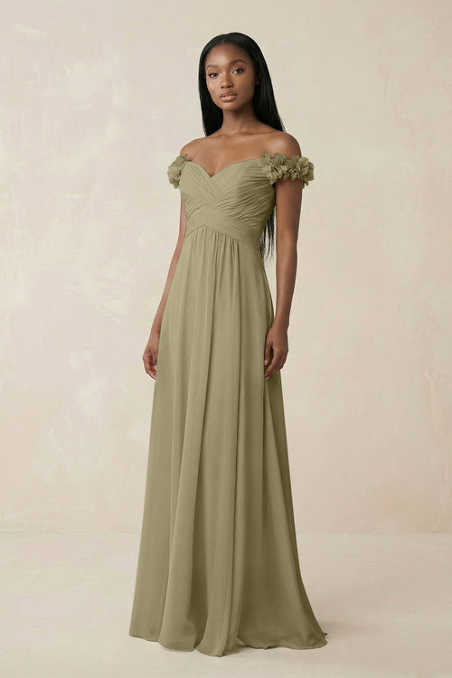 Pleated Off - the - Shoulder A - Line Chiffon Bridesmaid Dress in Thyme - KissProm Bridesmaid Dresses