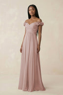 Pleated Off - the - Shoulder A - Line Chiffon Bridesmaid Dress in Toffee - KissProm Bridesmaid Dresses