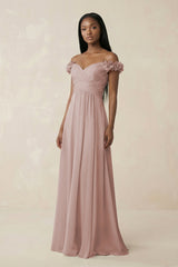 Pleated Off - the - Shoulder A - Line Chiffon Bridesmaid Dress in Toffee - KissProm Bridesmaid Dresses