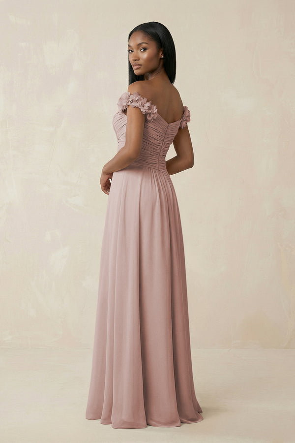 Pleated Off - the - Shoulder A - Line Chiffon Bridesmaid Dress in Toffee - KissProm Bridesmaid Dresses