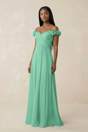 Pleated Off - the - Shoulder A - Line Chiffon Bridesmaid Dress in Turquoise - KissProm Bridesmaid Dresses