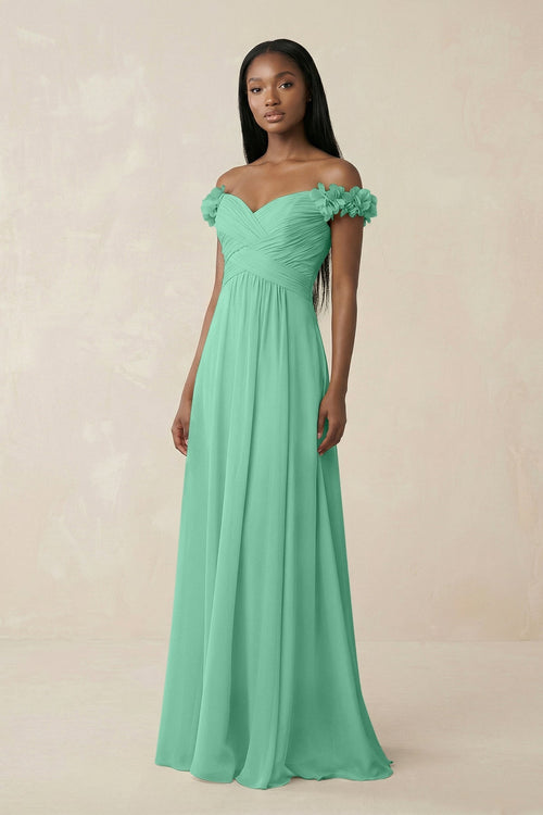 Pleated Off - the - Shoulder A - Line Chiffon Bridesmaid Dress in Turquoise - KissProm Bridesmaid Dresses