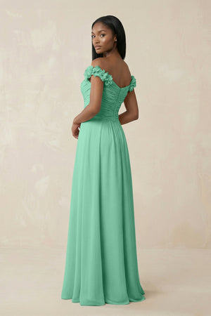 Pleated Off - the - Shoulder A - Line Chiffon Bridesmaid Dress in Turquoise - KissProm Bridesmaid Dresses