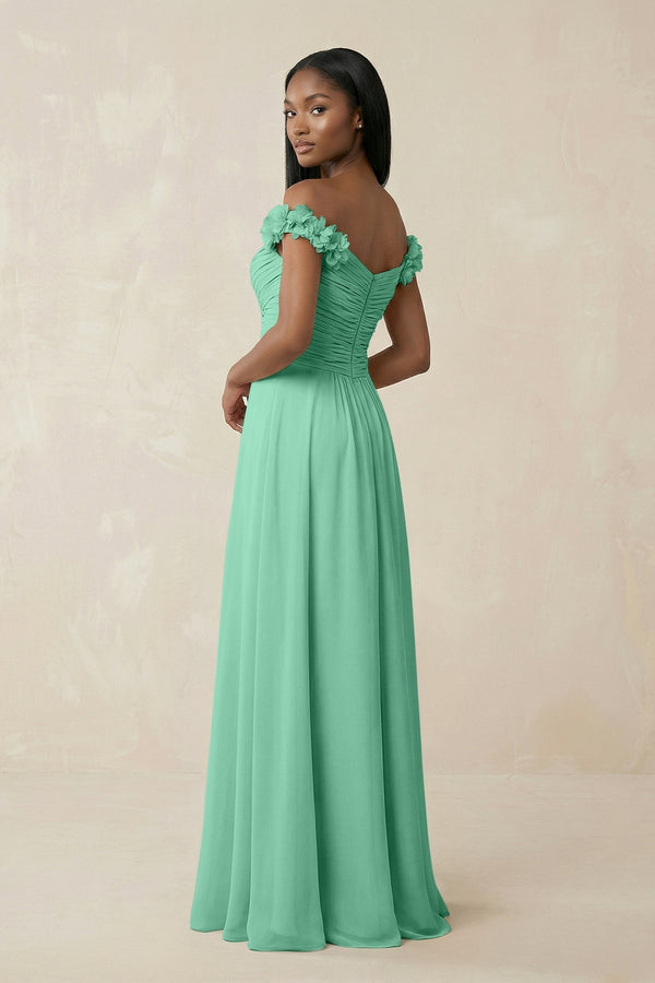 Pleated Off - the - Shoulder A - Line Chiffon Bridesmaid Dress in Turquoise - KissProm Bridesmaid Dresses