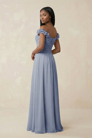 Pleated Off - the - Shoulder A - Line Chiffon Bridesmaid Dress in Twilight - KissProm Bridesmaid Dresses
