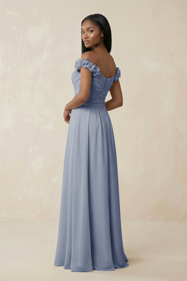 Pleated Off - the - Shoulder A - Line Chiffon Bridesmaid Dress in Twilight - KissProm Bridesmaid Dresses