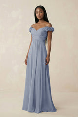 Pleated Off - the - Shoulder A - Line Chiffon Bridesmaid Dress in Twilight - KissProm Bridesmaid Dresses