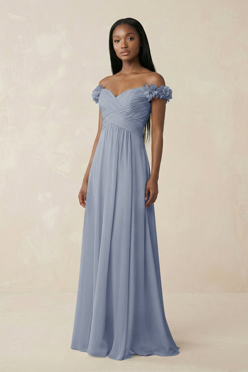Pleated Off - the - Shoulder A - Line Chiffon Bridesmaid Dress in Twilight - KissProm Bridesmaid Dresses
