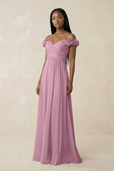 Pleated Off - the - Shoulder A - Line Chiffon Bridesmaid Dress in Vintage Mauve - KissProm Bridesmaid Dresses