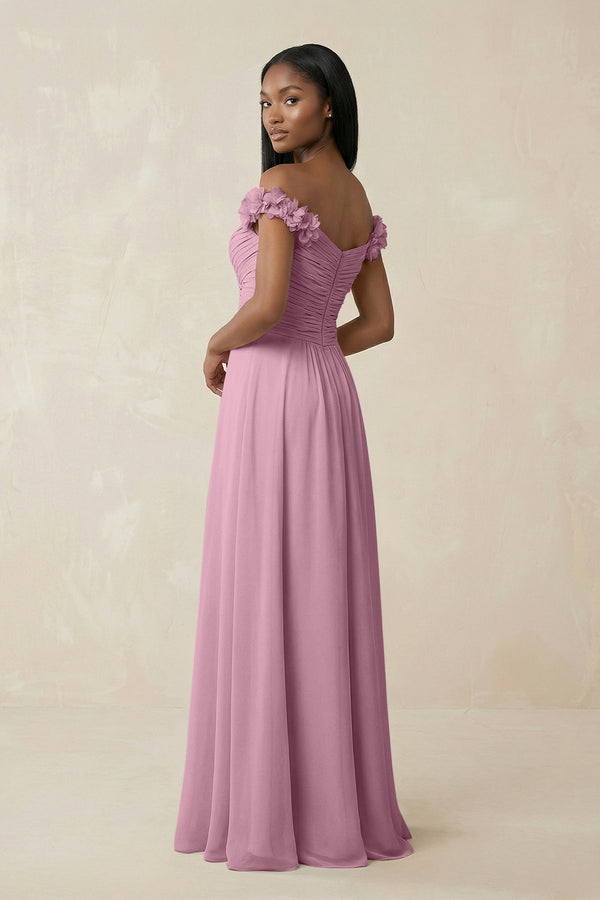 Pleated Off - the - Shoulder A - Line Chiffon Bridesmaid Dress in Vintage Mauve - KissProm Bridesmaid Dresses