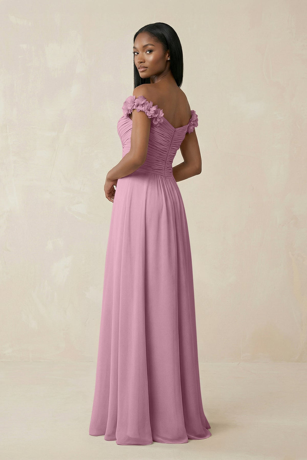 Pleated Off - the - Shoulder A - Line Chiffon Bridesmaid Dress in Vintage Mauve - KissProm Bridesmaid Dresses