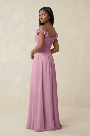 Pleated Off - the - Shoulder A - Line Chiffon Bridesmaid Dress in Vintage Mauve - KissProm Bridesmaid Dresses