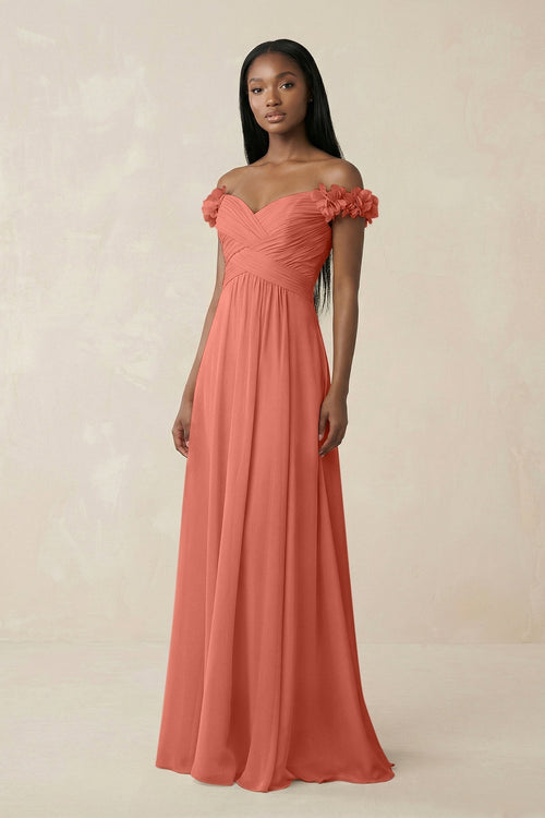 Pleated Off - the - Shoulder A - Line Chiffon Bridesmaid Dress in Wild Rose - KissProm Bridesmaid Dresses