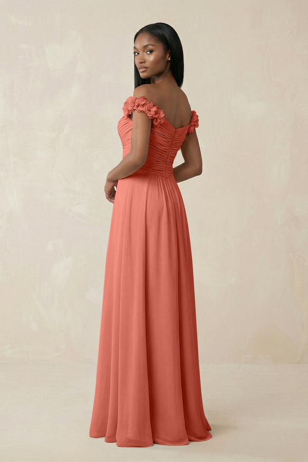 Pleated Off - the - Shoulder A - Line Chiffon Bridesmaid Dress in Wild Rose - KissProm Bridesmaid Dresses