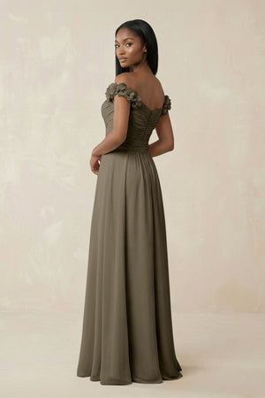 Pleated Off - the - Shoulder A - Line Chiffon Bridesmaid Dress in Willow Green - KissProm Bridesmaid Dresses