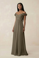 Pleated Off - the - Shoulder A - Line Chiffon Bridesmaid Dress in Willow Green - KissProm Bridesmaid Dresses