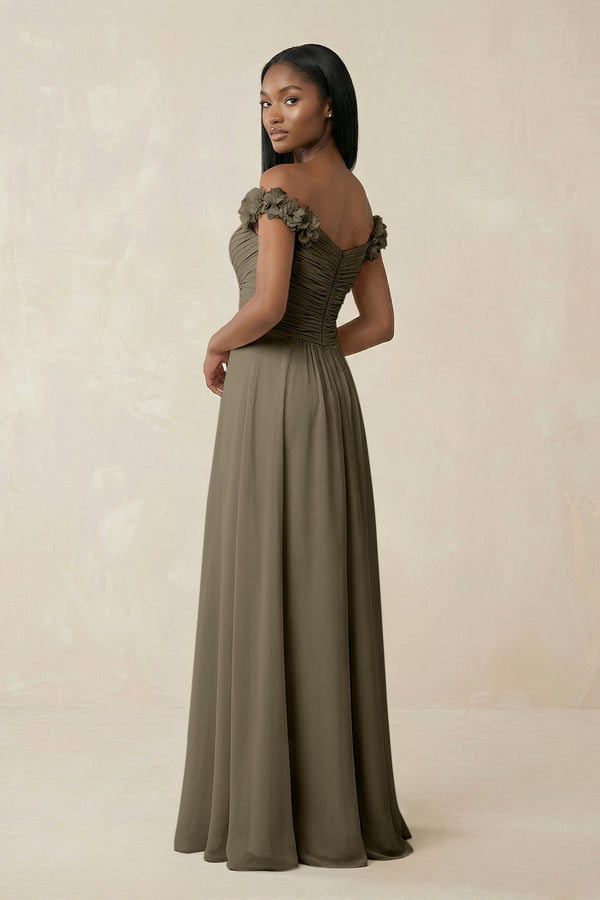 Pleated Off - the - Shoulder A - Line Chiffon Bridesmaid Dress in Willow Green - KissProm Bridesmaid Dresses