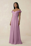 Pleated Off - the - Shoulder A - Line Chiffon Bridesmaid Dress in Wisteria - KissProm Bridesmaid Dresses