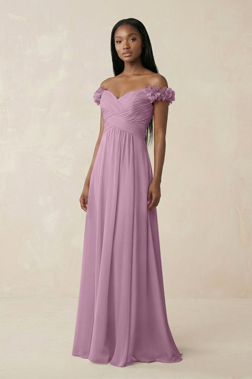 Pleated Off - the - Shoulder A - Line Chiffon Bridesmaid Dress in Wisteria - KissProm Bridesmaid Dresses