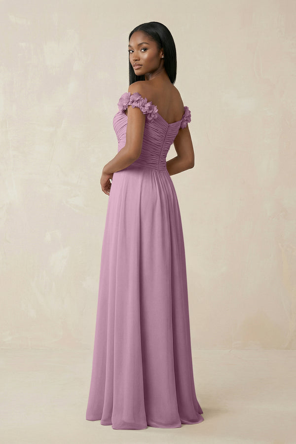 Pleated Off - the - Shoulder A - Line Chiffon Bridesmaid Dress in Wisteria - KissProm Bridesmaid Dresses