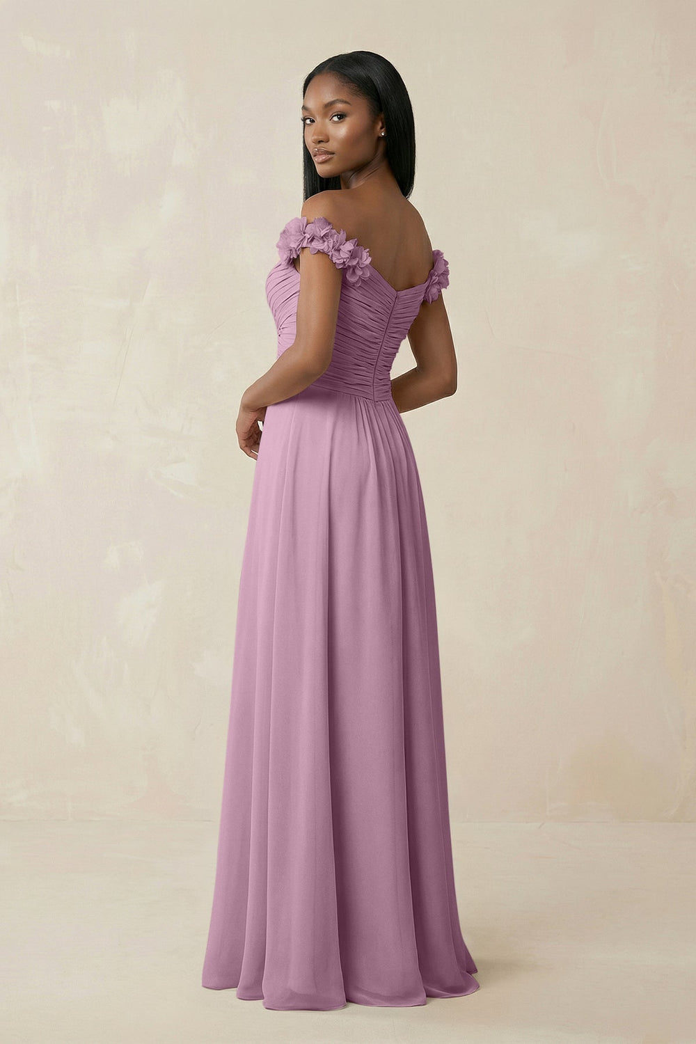 Pleated Off - the - Shoulder A - Line Chiffon Bridesmaid Dress in Wisteria - KissProm Bridesmaid Dresses