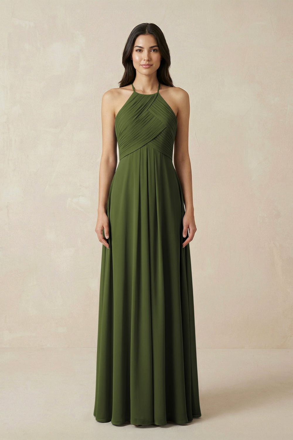 A-Line Halter Neck Pleated Chiffon Bridesmaid Dress in Olive - KissProm BRIDESMAID DRESSES