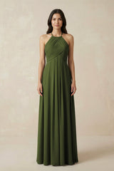 A-Line Halter Neck Pleated Chiffon Bridesmaid Dress in Olive - KissProm BRIDESMAID DRESSES