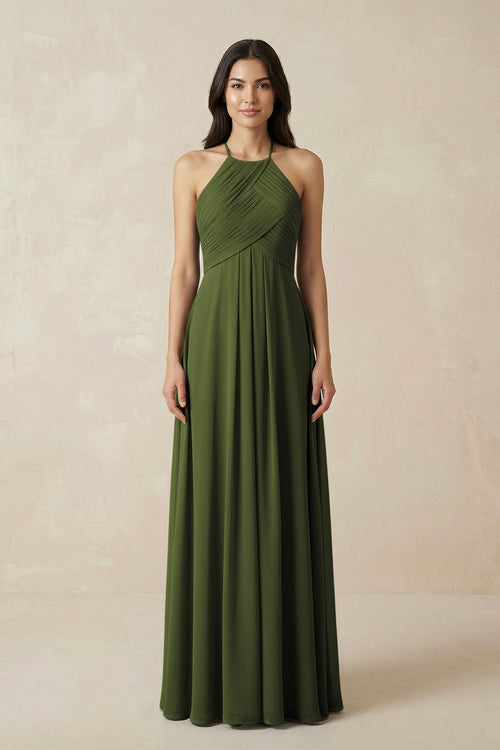 A-Line Halter Neck Pleated Chiffon Bridesmaid Dress in Olive - KissProm BRIDESMAID DRESSES