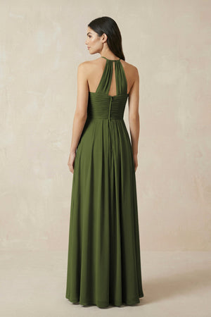 A-Line Halter Neck Pleated Chiffon Bridesmaid Dress in Olive - KissProm BRIDESMAID DRESSES