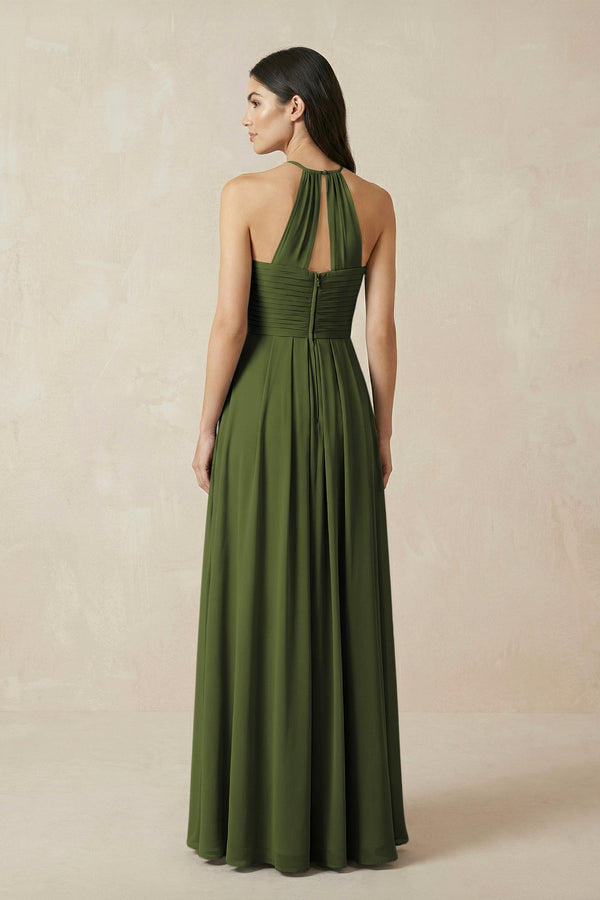 A-Line Halter Neck Pleated Chiffon Bridesmaid Dress in Olive - KissProm BRIDESMAID DRESSES