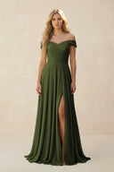 Off - the - Shoulder Pleated A - Line Chiffon Bridesmaid Dress in Olive - KissProm Bridesmaid 