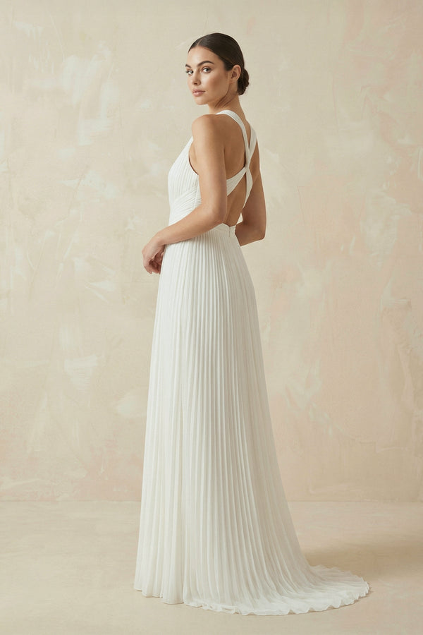 Pleated Open Back Halter A - Line Wedding Dress - KissProm Wedding Dresses
