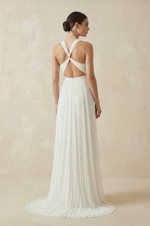 Pleated Open Back Halter A - Line Wedding Dress - KissProm Wedding Dresses