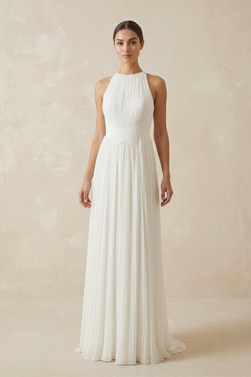 Pleated Open Back Halter A - Line Wedding Dress - KissProm Wedding Dresses