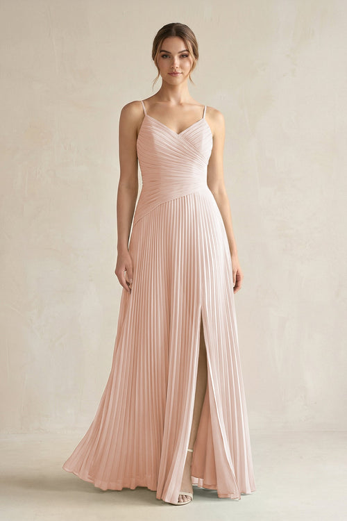 Pleated A-Line Long Chiffon Bridesmaid Dress in Pale Blush