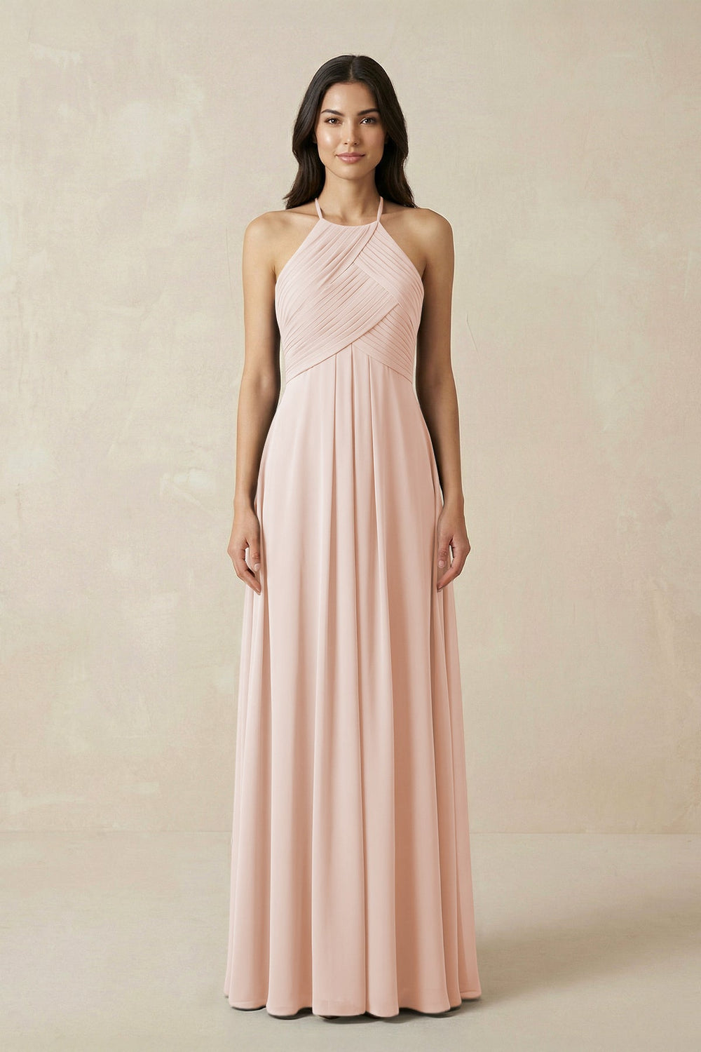 A-Line Halter Neck Pleated Chiffon Bridesmaid Dress in Pale Blush - KissProm BRIDESMAID DRESSES