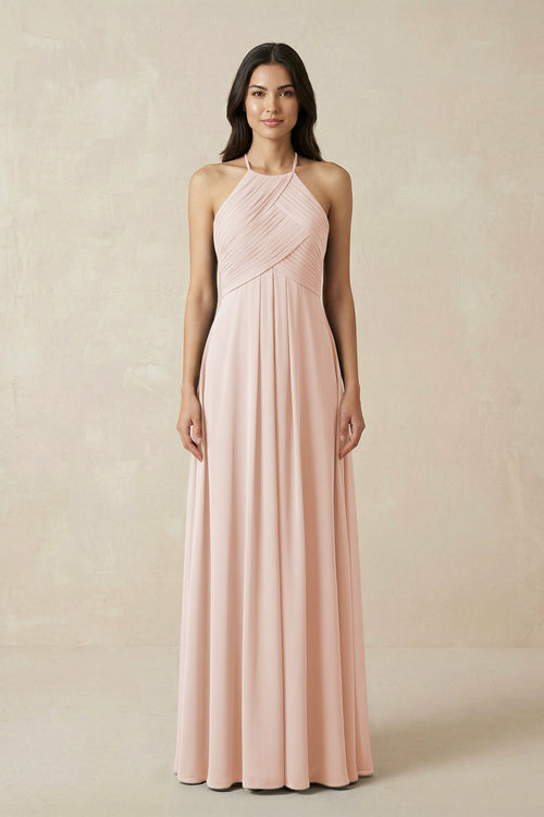 A-Line Halter Neck Pleated Chiffon Bridesmaid Dress in Pale Blush - KissProm BRIDESMAID DRESSES