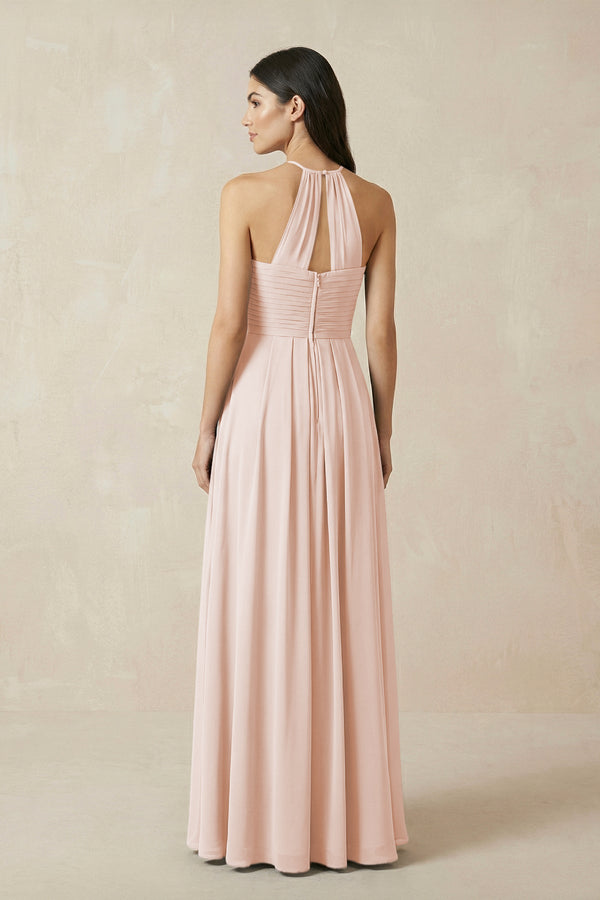 A-Line Halter Neck Pleated Chiffon Bridesmaid Dress in Pale Blush - KissProm BRIDESMAID DRESSES