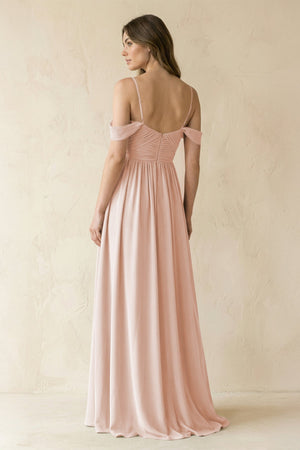 A-Line Off-the-Shoulder Pleated Chiffon Bridesmaid Dress in Pale Blush - KissProm BRIDESMAID DRESSES