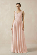 A-Line V-Neck Pleated Chiffon Bridesmaid Dress in Pale Blush - KissProm BRIDESMAID DRESSES