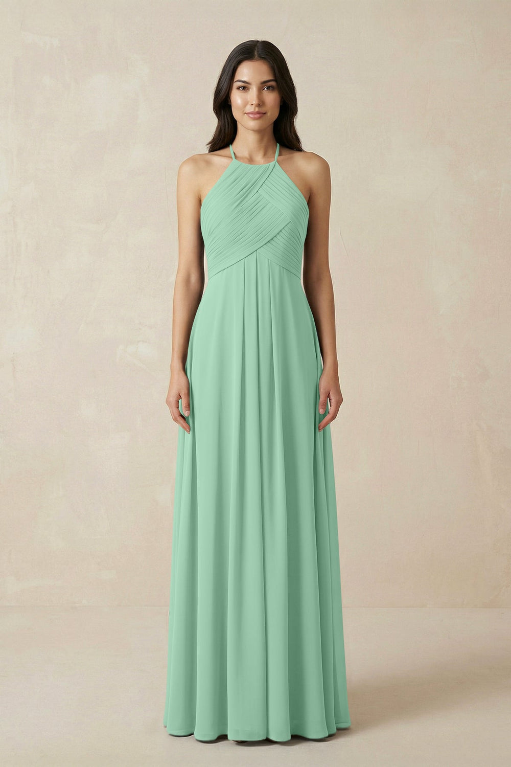 A-Line Halter Neck Pleated Chiffon Bridesmaid Dress in Pale Pistachio - KissProm BRIDESMAID DRESSES