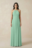 A-Line Halter Neck Pleated Chiffon Bridesmaid Dress in Pale Pistachio - KissProm BRIDESMAID DRESSES