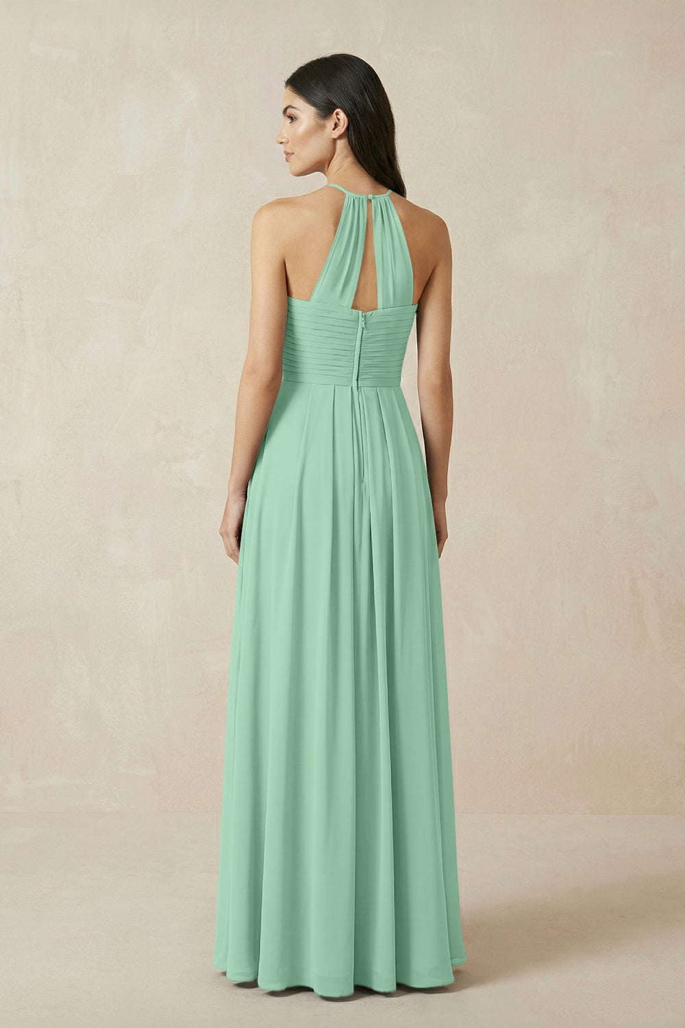 A-Line Halter Neck Pleated Chiffon Bridesmaid Dress in Pale Pistachio - KissProm BRIDESMAID DRESSES