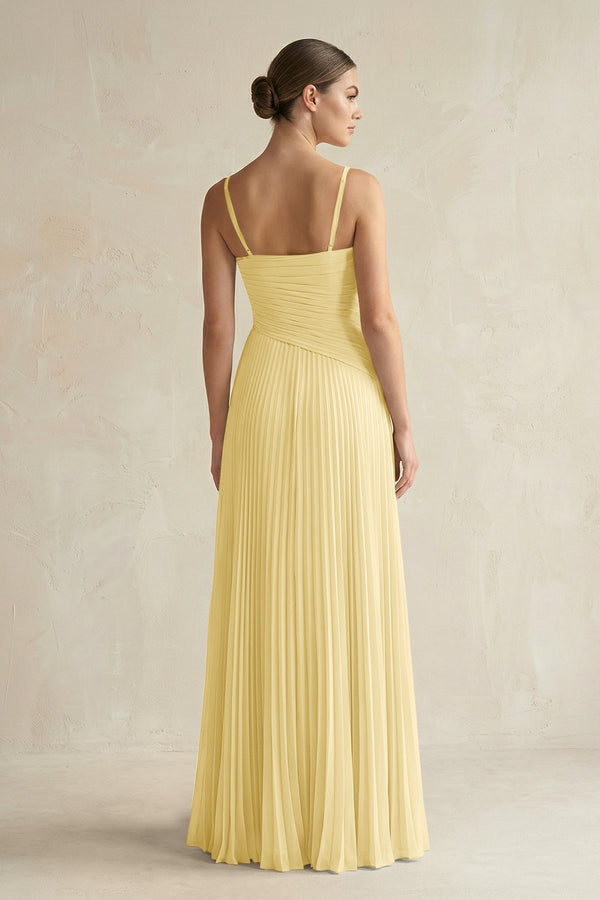 Pleated A-Line Long Chiffon Bridesmaid Dress in Pastel Yellow