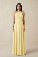 A-Line Halter Neck Pleated Chiffon Bridesmaid Dress in Pastel Yellow - KissProm BRIDESMAID DRESSES